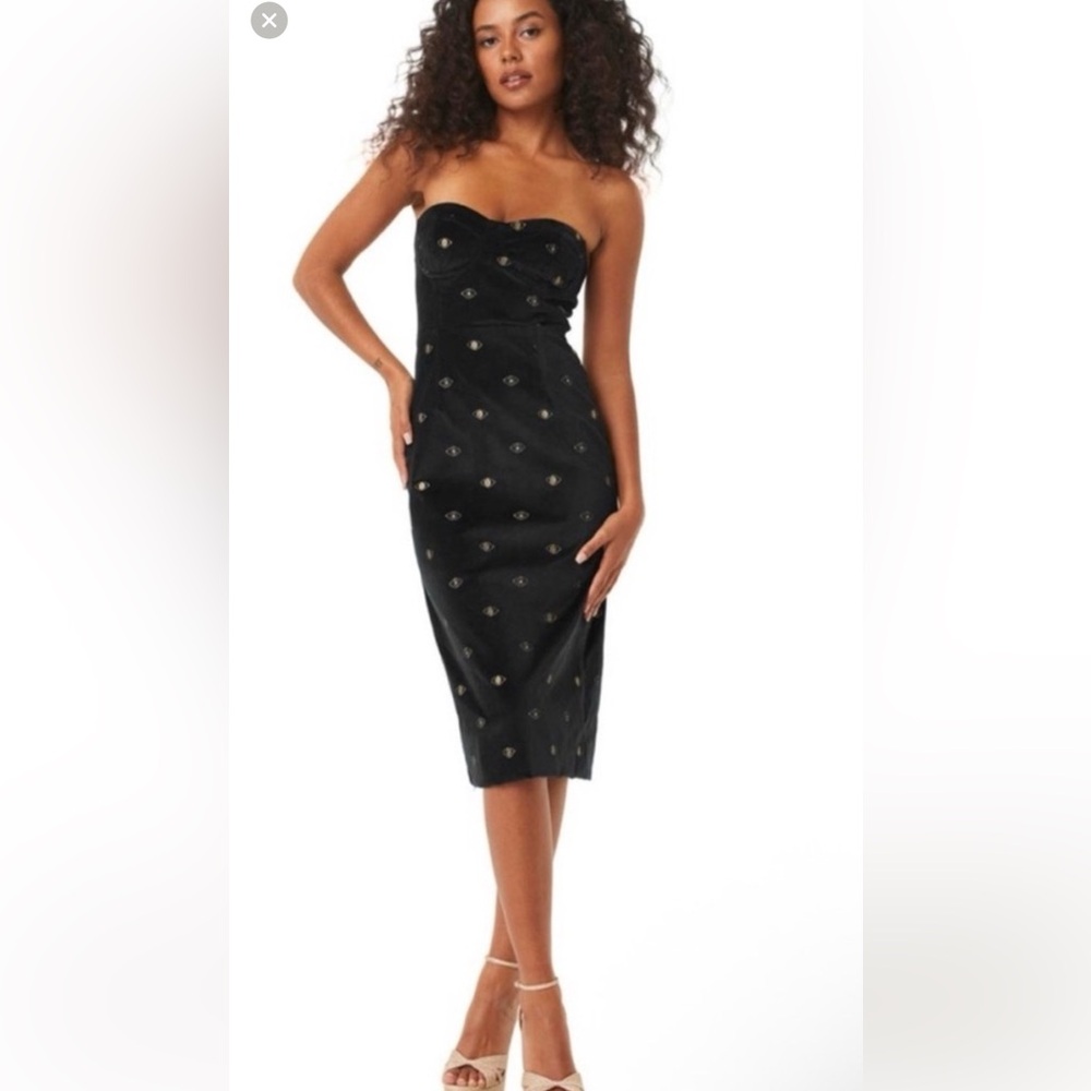 #275 🆕~Misa Los Angeles Black Off Shoulder Dress with Gold Evil Eye Pattern